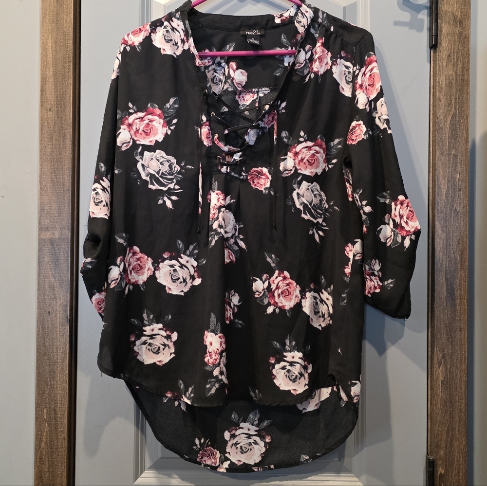 Rue21 Black Blouse with Pink Floral Design